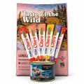 Packs Nutrición Ansestral Taste of The Wild Lowland Creek Feline (Pato) 2KG +Lata Leonardo sabor pescado 200Gr. + 6 Tubos de Churu con variedad de sabores.