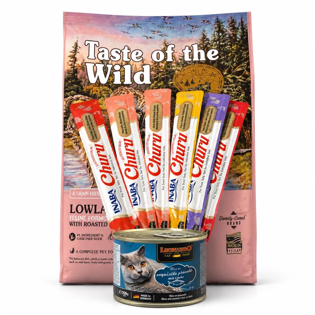 Packs Nutrición Ansestral Taste of The Wild Lowland Creek Feline (Pato) 2KG +Lata Leonardo sabor pescado 200Gr. + 6 Tubos de Churu con variedad de sabores.