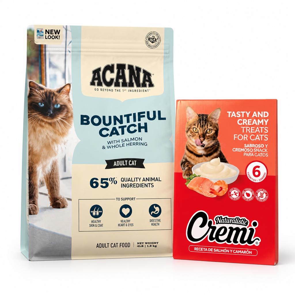 Packs Holística Felina y super premios  Acana Bountiful Catch nutrición premium 1,8 Kg.+ Caja de Naturalistic Cremi (Salmón y Camarón) 30 tubos.